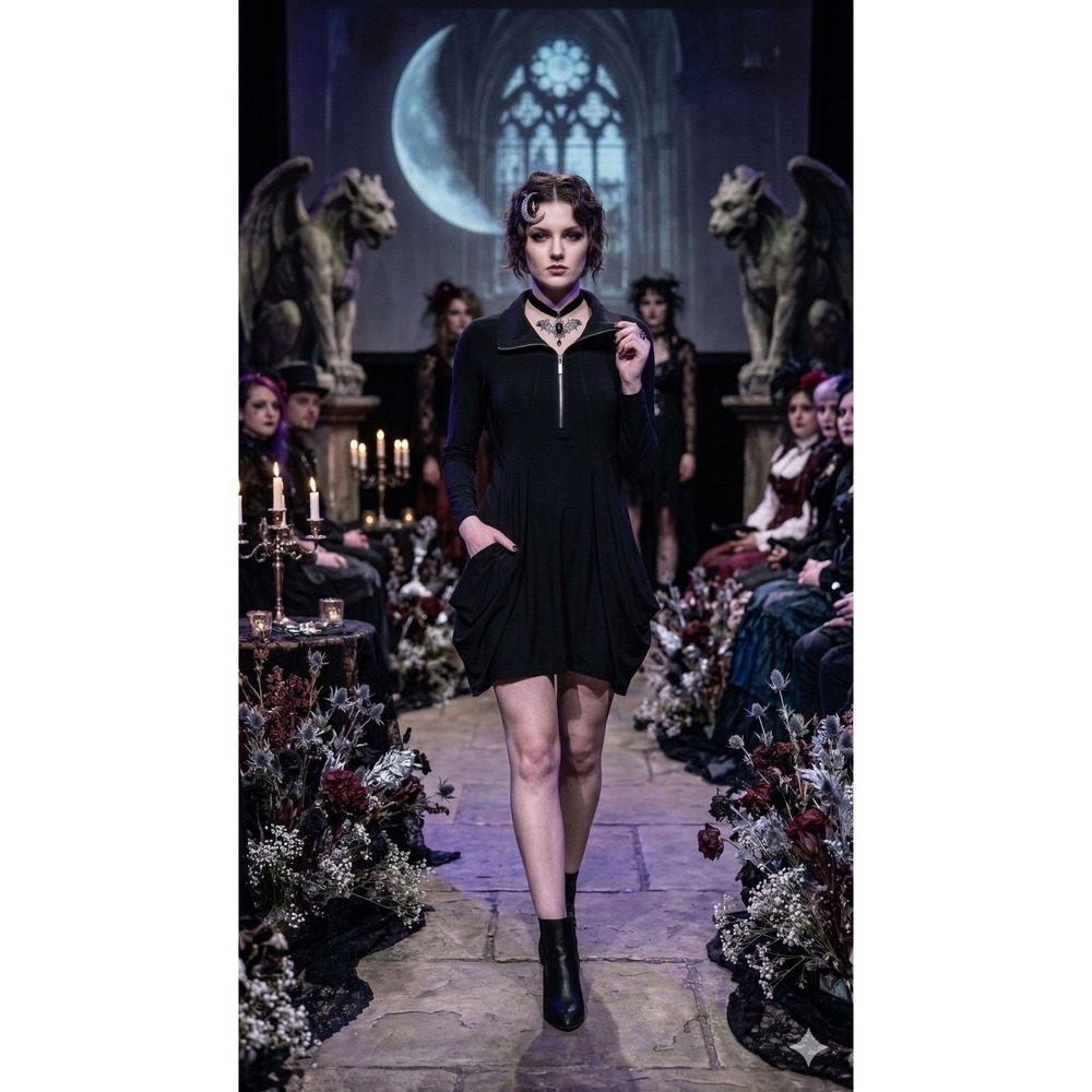 Sharon Max vintage black dress or tunic draped front pockets  1/4 zip small